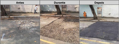 Antes, durante e depois do serviço de tapa-buraco na rua Dom Vilares